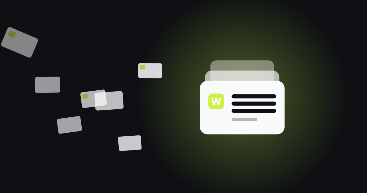 Scattered gift cards on a dark background settling into an organized stack with the Wallyo logo