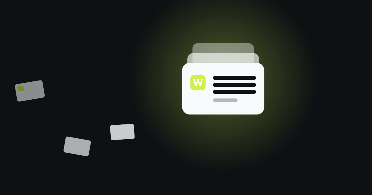 Scattered gift cards settling into a small Wallyo card stack in the upper right of a dark background
