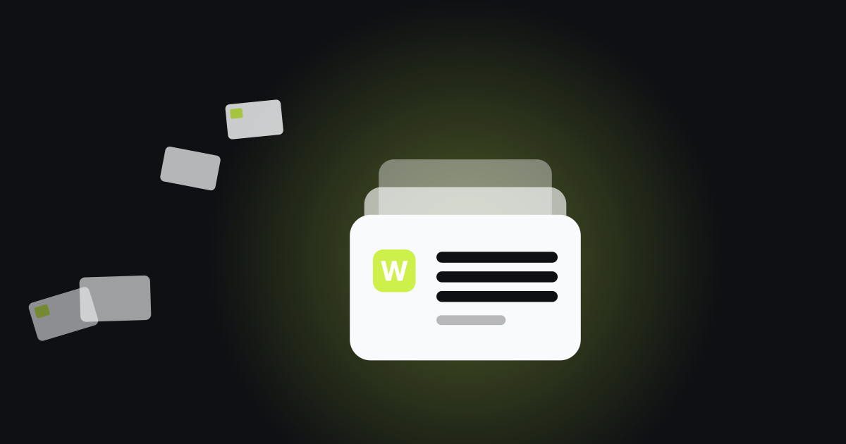 Scattered gift cards settling into a large, grounded Wallyo card stack on a dark background